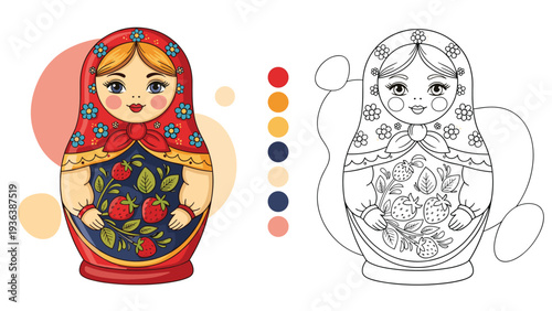 Traditional Russian matryoshka doll decorated with strawberries is presented alongside a color palette and a black and white version.