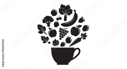 A black silhouette of a cup overflowing with various fruits and vegetables creating a healthy design silhouette