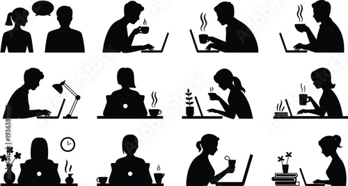 People working on laptops with coffee cups, remote work lifestyle silhouettes collection, freelance productivity concept, modern workspace vector illustration