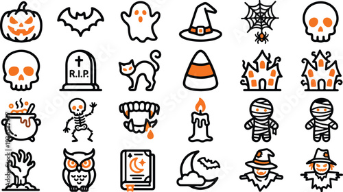 Collection of twenty four unique and stylized halloween themed icons are arranged in a grid.