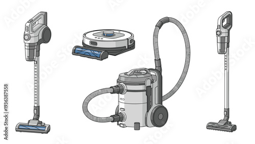 Various modern household vacuum cleaners including robot, handheld, canister, and stick models shown on a clean white background.