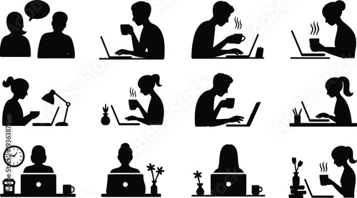 People working on laptops with coffee, remote work lifestyle silhouettes collection, freelance workspace productivity concept, business communication vector illustration