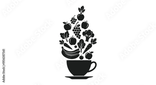 A black silhouette of fruits and vegetables overflowing from a teacup on a saucer silhouette high quality professional
