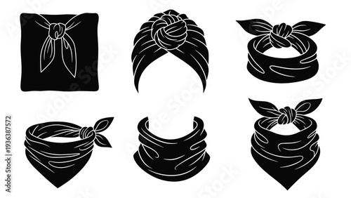 Set of black silhouettes illustrating different ways to wear a bandana or head scarf on the head and around the neck.