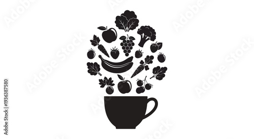 A black and white illustration of a cup overflowing with various fruits and vegetables silhouette high quality