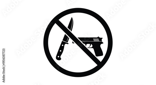 A stark warning sign displaying a knife and handgun crossed out within a red circle silhouette high quality