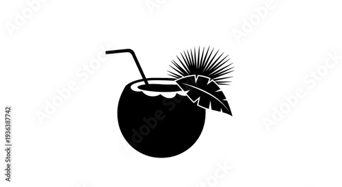 Coconut Drink with Straw and Leaf.