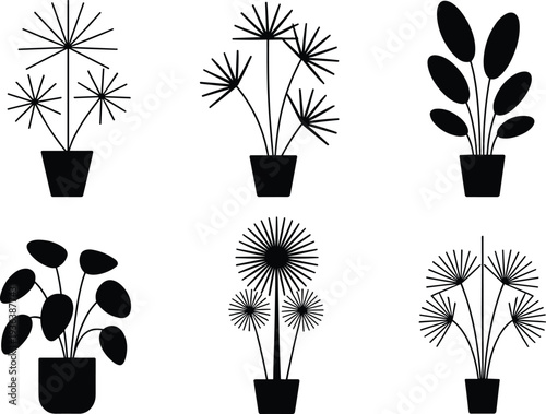 Potted houseplant silhouettes set, decorative indoor plants collection, modern botanical design elements, black vector isolated illustration