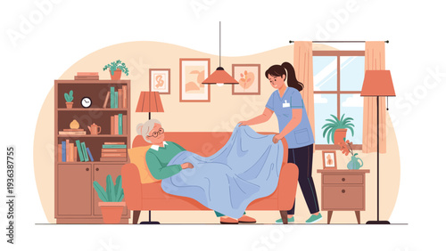 Caring female nurse in a blue uniform covers an elderly woman with a blanket on a sofa in a cozy home setting.