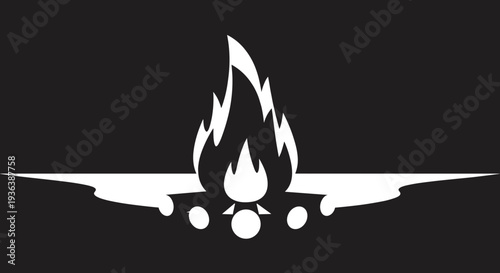 Burning Airplane Silhouette on Black Background.