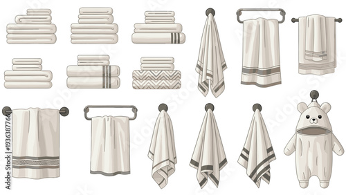 Variety of white and beige bathroom towels shown in folded stacks and hanging on hooks or bars in different styles.