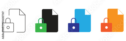 Set of four icons depicting a locked document in various styles including outline, black, blue, and orange, representing data security and confidentiality concepts.