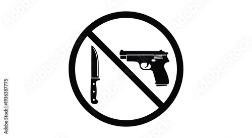 A stark warning sign depicting a crossed out knife and handgun symbolizing prohibition in silhouette high quality professional detailed