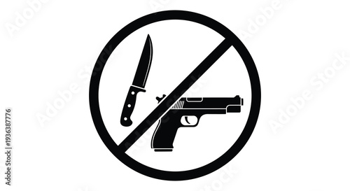 A stark warning sign depicting a knife and handgun crossed out within a circle a powerful silhouette