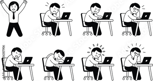 Stressed office worker at laptop set, frustrated businessman emotions collection, tired employee working poses, black white vector illustration