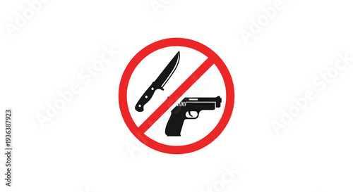 A stark red prohibition sign displays a knife and handgun in black symbolizing a weapons ban silhouette