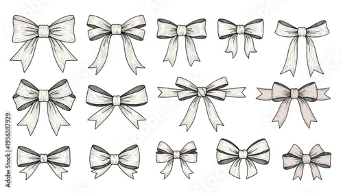 Collection of different styles of decorative bows and ribbons shown in a detailed black and white sketch style.