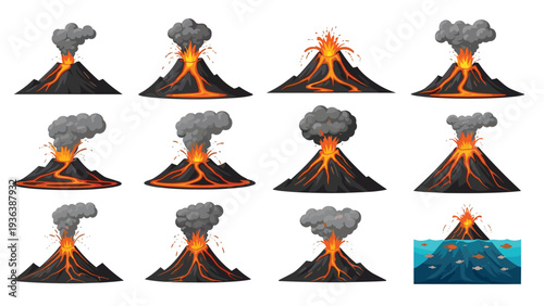 Set of illustrations showing different stages and types of volcanic eruptions including ash clouds, lava flows, and underwater volcanoes.