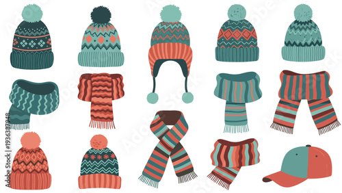 Colorful collection of various winter hats, beanies, and scarves with different patterns and textures for cold weather.