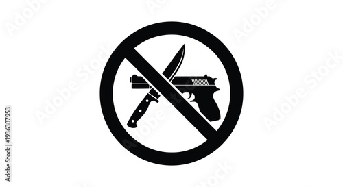 A stark warning symbol depicting crossed weapons a knife and a gun within a prohibition circle silhouette