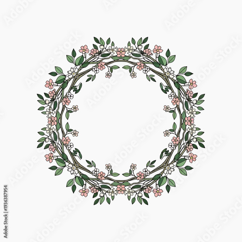 Delicate pink flower wreath, hand-drawn botanical style, rosy pink and leaf green, wedding concept