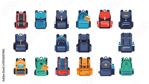Variety of backpacks in different colors, sizes, and designs including school bags, travel packs, and hiking gear.