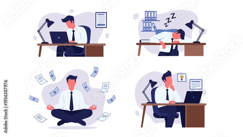 Set of four illustrations showing an office worker working at a computer, sleeping at his desk, meditating, and thinking.