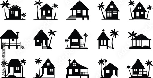 Tropical island house silhouettes set, beach cottage and palm trees collection, coastal home architecture elements, black vector isolated illustration