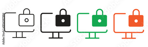 set of computer security icons with a lock and padlock symbol on screen in outline and solid fill styles, symbolizing data protection and access control