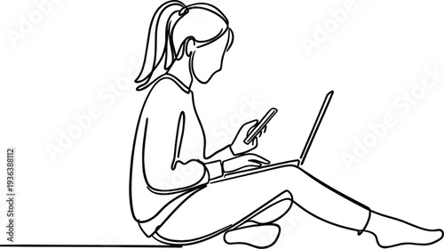 Woman using laptop and smartphone line drawing, remote work lifestyle illustration, modern freelance concept, vector outline illustration