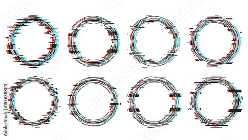 Set of eight decorative circular frames with creative digital glitch effects and distorted red and blue color channels.