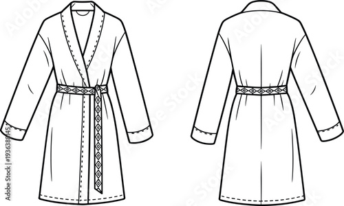 Women kimono robe pattern template, long sleeve wrap dress with belt technical drawing, front and back view cad flat vector illustration