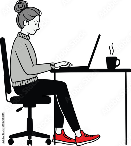 Woman working on laptop at desk, remote work lifestyle concept illustration, modern home office scene, vector illustration