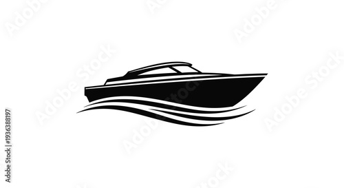 A sleek black motorboat glides across stylized waves depicted as a striking silhouette high quality professional detailed modern