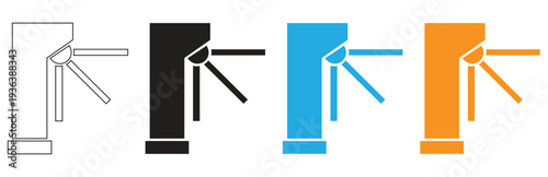 A set of turnstile icons for access control and security, featuring various styles including outline, black, blue, and orange solid designs for public entrances and event management systems.