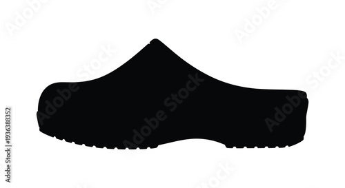 A stark black silhouette depicts a single clog shoe against a white background minimalist silhouette high quality professional