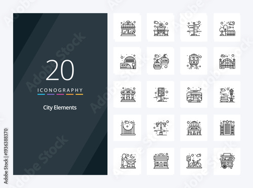 20 City Elements Outline icon for presentation. Vector Line icons illustration