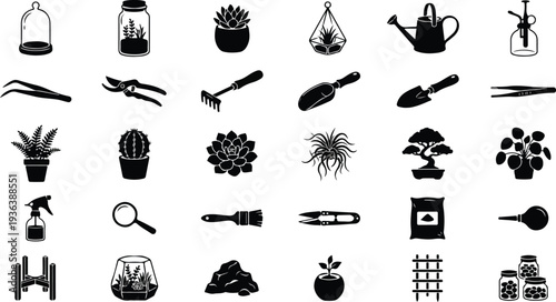 Collection of simple black vector icons representing various gardening tools and potted plants.