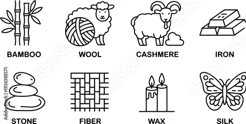 Natural Textile Materials Line Icons Set with Bamboo, Wool, Cashmere, Silk, Fiber and Wax Outline Vector Illustration Isolated on White Background
