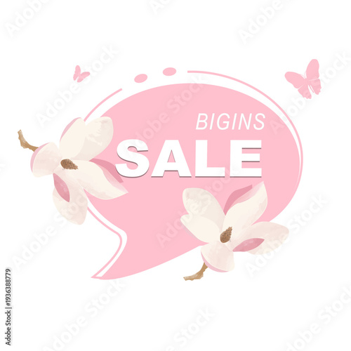 Spring sale banner with magnolia flowers and butterflies. Pink speech bubble with text on white background. Square vector illustration for feminine fashion marketing and retail discount.
