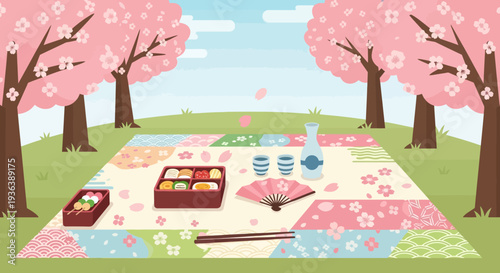 Cherry Blossom Picnic with Sushi and Sake