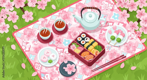 Cherry Blossom Picnic with Sushi and Tea