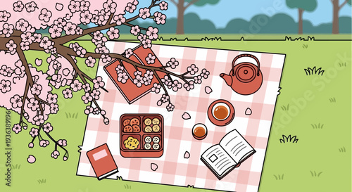 Cherry Blossom Picnic with Tea and Books