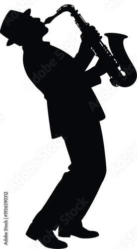 A stylish saxophonist performing in a classic jazz silhouette pose with top hat and suit