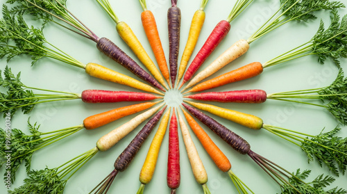 Colorful heirloom carrots arranged in circular pattern with vibrant varieties and green tops fresh organic vegetable concept