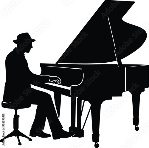 Elegant silhouette of a pianist playing a grand piano in a classic style
