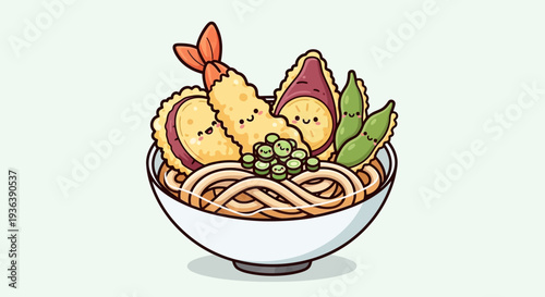 Cute Kawaii Udon Noodle Soup with Tempura
