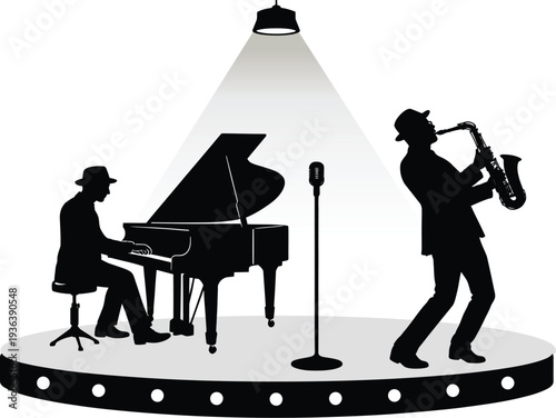 Jazz duo performing on a grand stage with piano and saxophone under spotlight