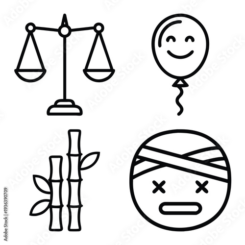 Minimalist black and white line art icon collection featuring technology symbols, artificial intelligence (AI), Islamic motifs, justice scales, nature elements, and diverse lifestyle graphics for mode