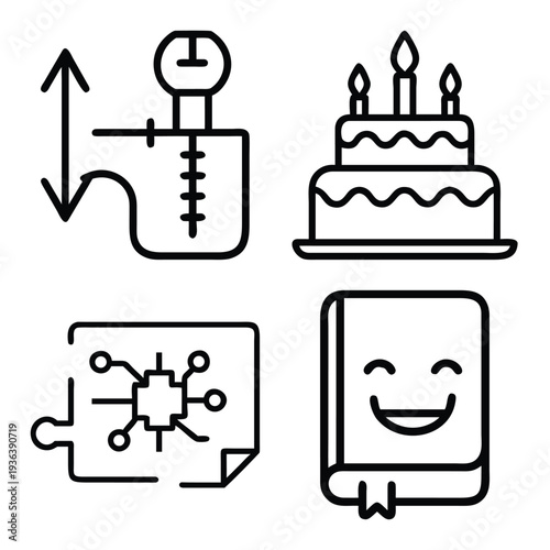 Minimalist black and white line art icon collection featuring artificial intelligence (AI), technology symbols, Islamic motifs, nature elements, lifestyle icons, and creative digital graphics for mode